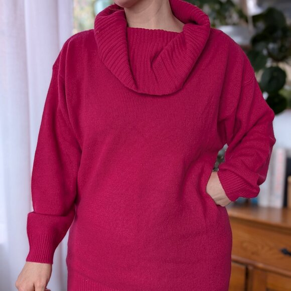 Express Tricot - 90s Angora wool berry magenta cowl neck tunic sweater - Large - Picture 2 of 5